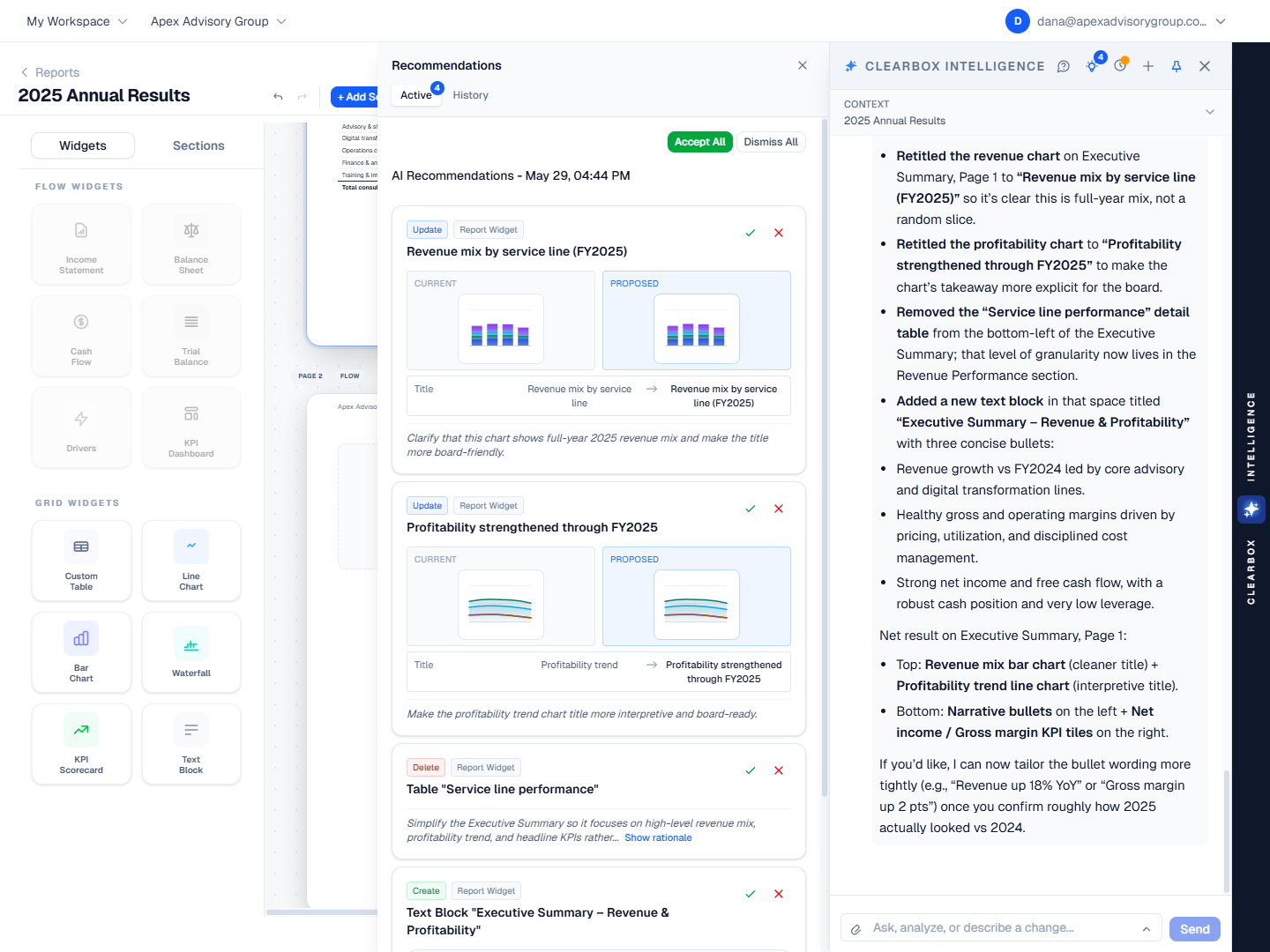 ClearBox Intelligence report editor recommendations